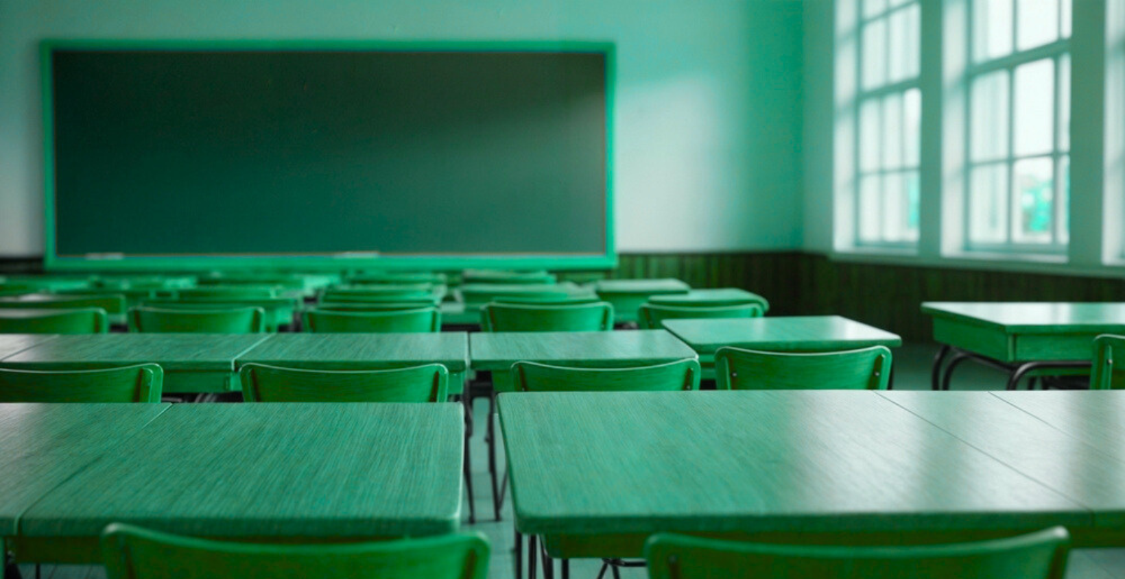 Empty classroom with a board and wooden desks and chairs, with a light green shade layer on top