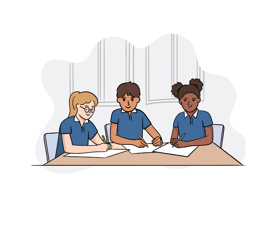 Illustration of three schoolchildren in blue uniform sitting together at one desk and writing in their task books