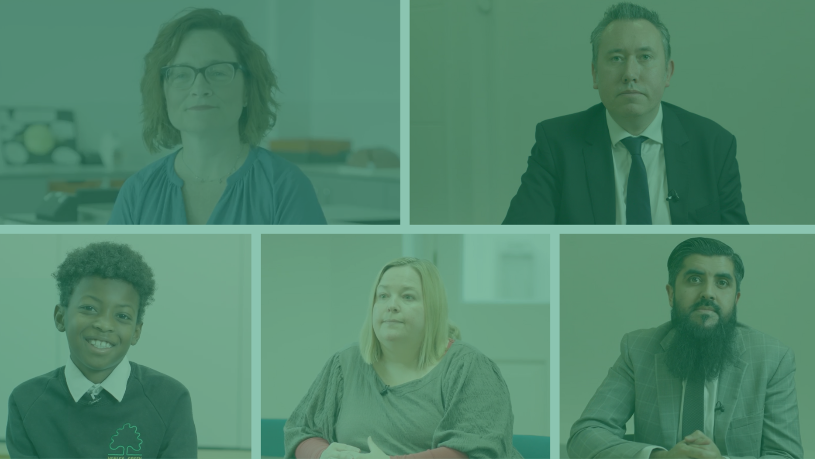 Collage of the photos of experts and schoolchildren interviewed for this story, with a light green shade layer on top