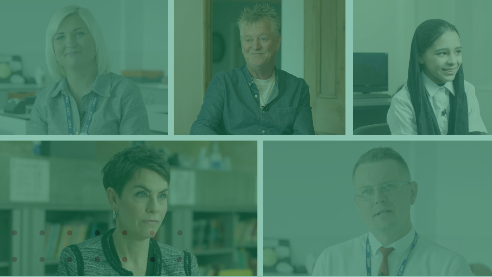 Collage of the photos of experts and schoolchildren interviewed for this story, with a light green shade layer on top