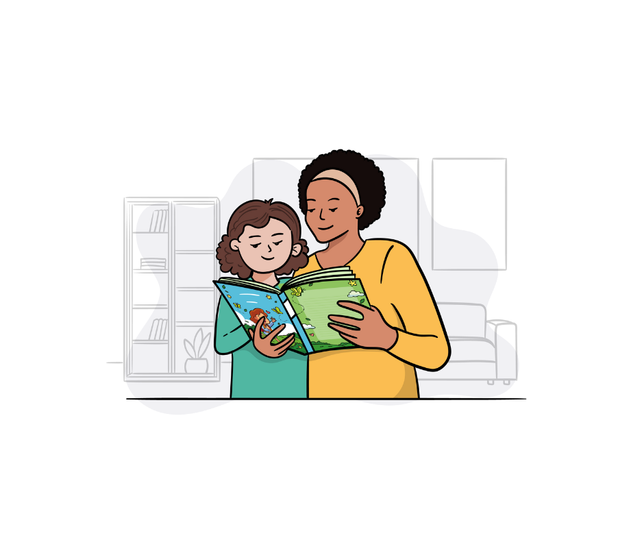 Illustration of a female teacher reading a book to a child