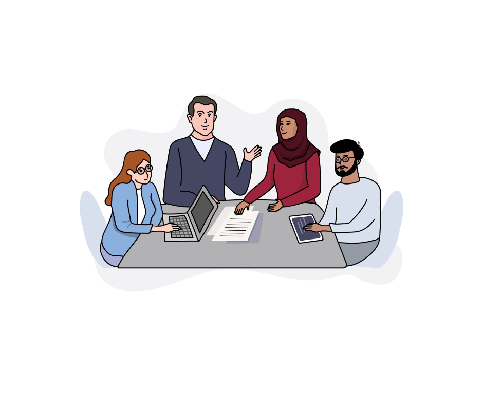 Illustration of four people communicating at the desk in an office environment